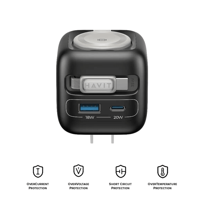 HAVIT GaN Wall Charger with retractable USB Cable & Watch Charger Black Gray UC250 A-US