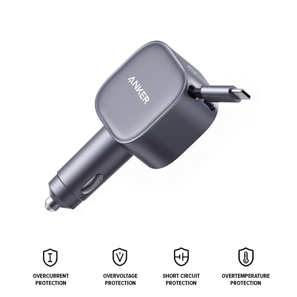Anker 75W Max Ultra-Compact USB-C Car Charger with Built-in Retractable Cable for iPhone, Samsung