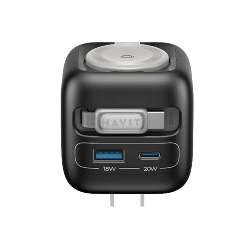 HAVIT GaN Wall Charger with retractable USB Cable & Watch Charger Black Gray UC250 A-US