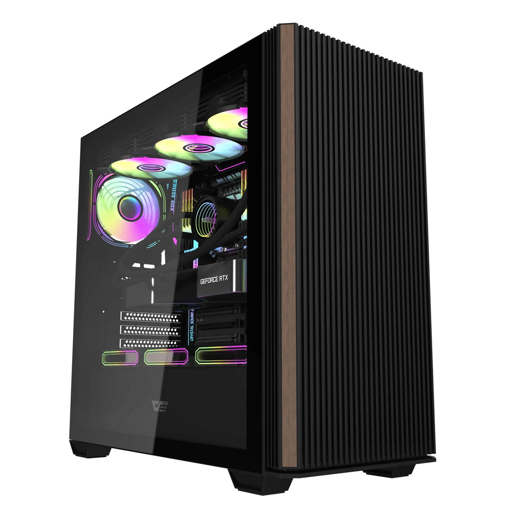 DarkFlash DS900WS Tempered Glass Wood-Inspired Front ATX PC Case (Black)