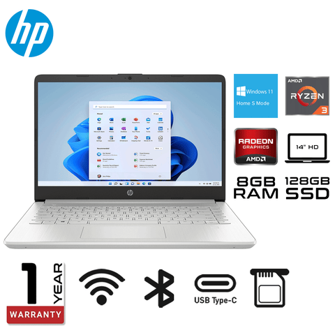 HP 14-fq0013dx 14"HD LED Laptop - AMD Ryzen 3 3250U |AMD Radeon |8GB RAM| 128GB SSD - Natural Silver