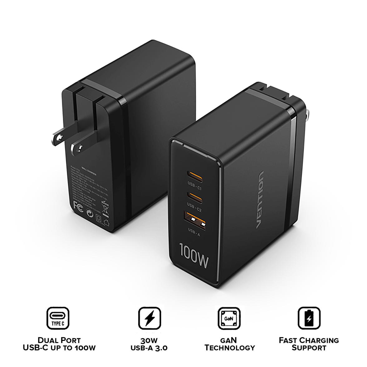 VENTION 3-port USB (C+C+A) GaN Charger (100W/100W/30W) US-Plug [FEGB0] [FEGW0]