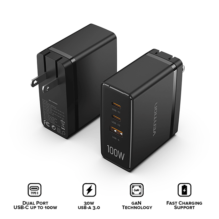 VENTION 3-port USB (C+C+A) GaN Charger (100W/100W/30W) US-Plug [FEGB0] [FEGW0]