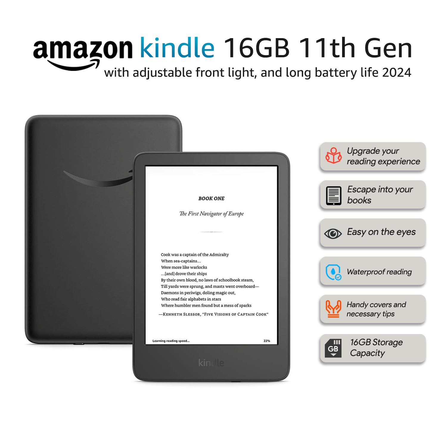 Amazon Kindle 16GB 11th Gen - Lightest and most compact Kindle, with adjustable front light, and long battery life 2024