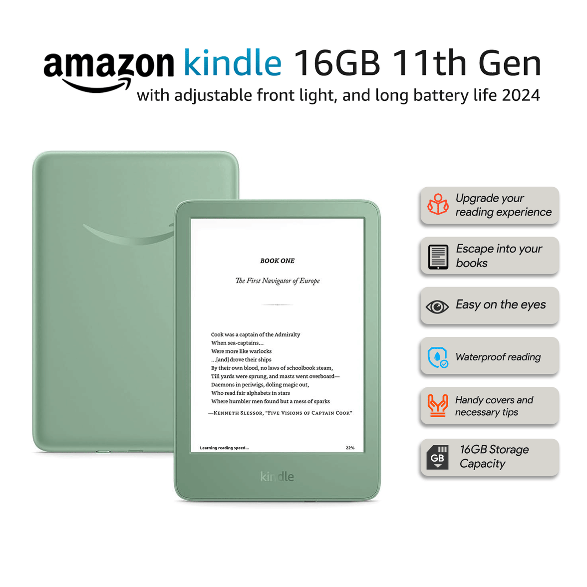 Amazon Kindle 16GB 11th Gen - Lightest and most compact Kindle, with adjustable front light, and long battery life 2024