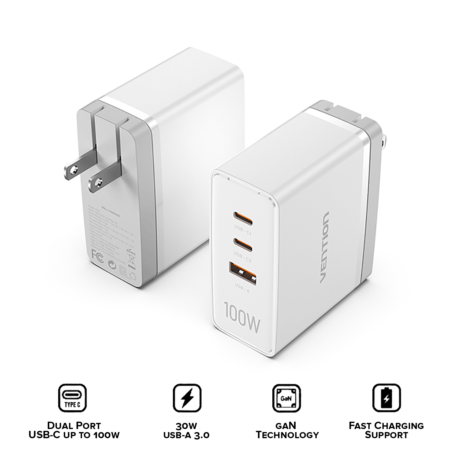 VENTION 3-port USB (C+C+A) GaN Charger (100W/100W/30W) US-Plug [FEGB0] [FEGW0]