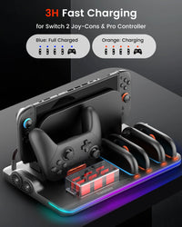 Transnovo Multi-Function RGB Light Charging Dock Station for Nintendo Switch 2 4 Joy-Con Controllers with Cooling Fan and 9 Game Card Slots NS2-CG04