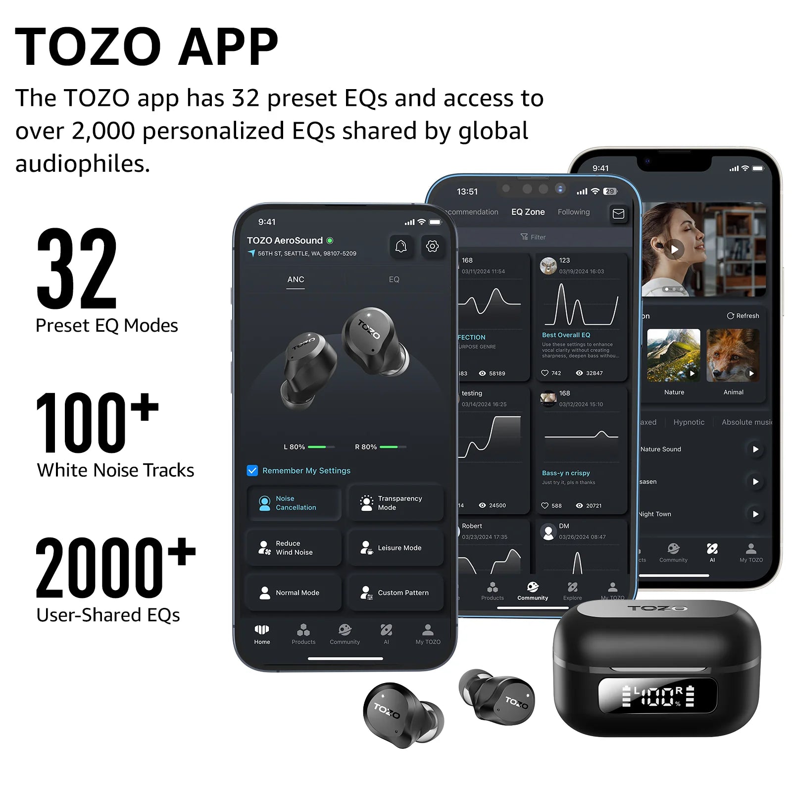 TOZO TWS Earbuds AeroSound ANC IPX6 55Hrs Playtime Bluetooth 5.3 Type C 6 Mic ENC Call Reduct Black