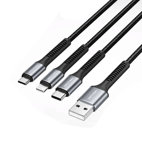 VENTION H18BAV -  Cotton Braided USB 2.0 A Male to 3in1 USB-C & Micro-B Lightning Male 2A Cable 1.2M Black Aluminum Alloy Type