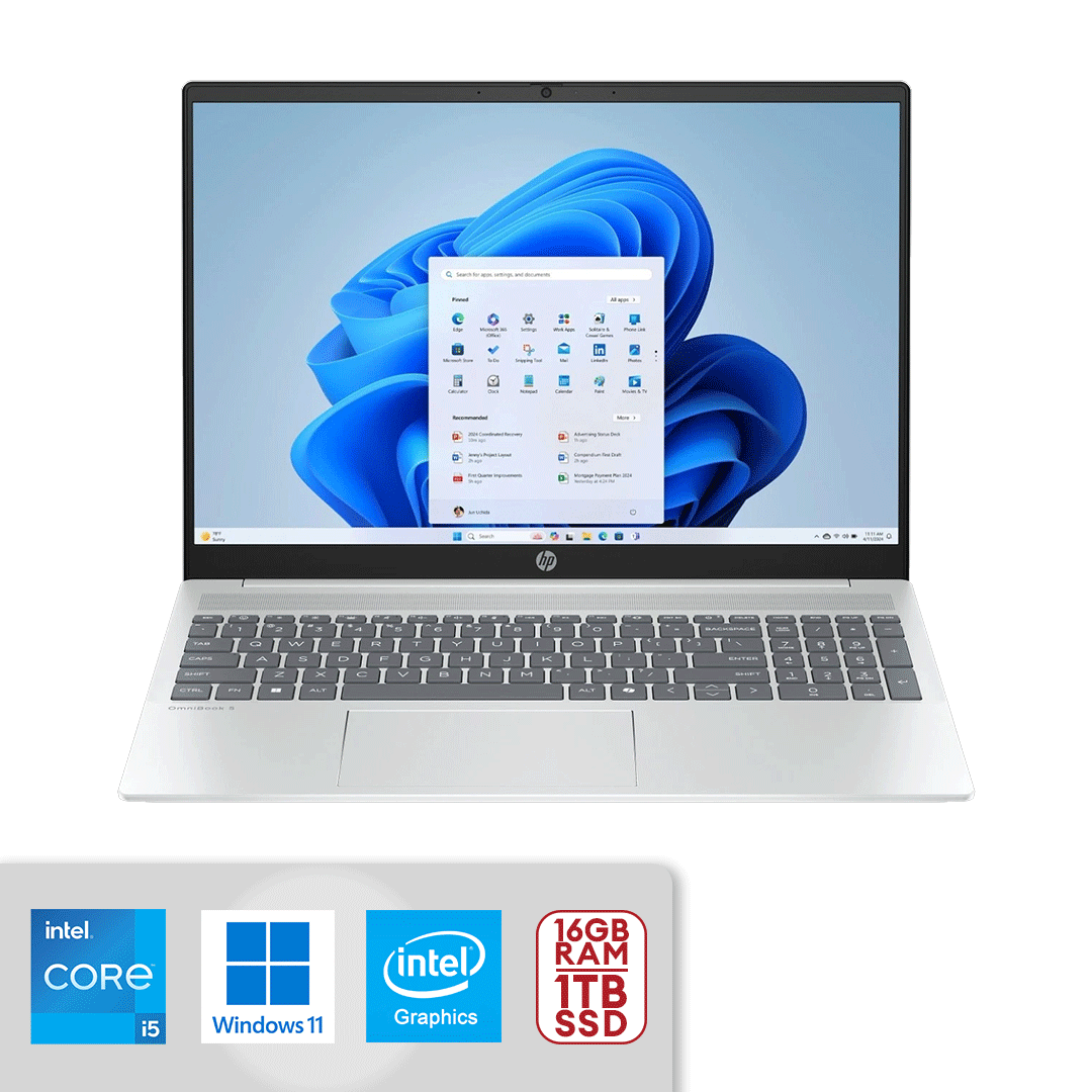 HP OmniBook 5 AI PC 16" 2K Touch Intel Core Ultra 5 -225U 16GB LPDDR5x RAM / 1TB Gen4 M.2 SSD Intel Graphics Win 11 home Silver 16-af1055cl