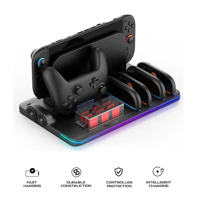 Transnovo Multi-Function RGB Light Charging Dock Station for Nintendo Switch 2 4 Joy-Con Controllers with Cooling Fan and 9 Game Card Slots NS2-CG04