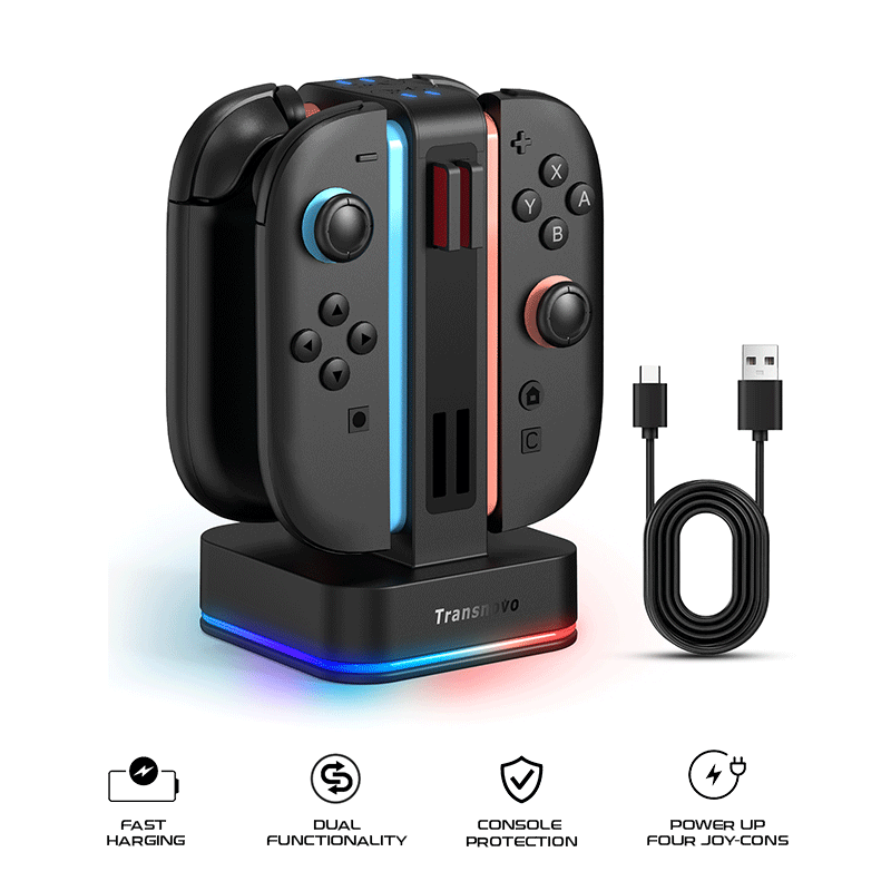 Transnovo 4 in 1 Square RGB Charging Dock for Nintendo Switch Joy-Con with 8 Game Card Slots NS2-CG02