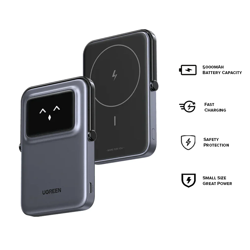 UGREEN Uno 5000mAh Mini Magnetic Wireless 20W Power Bank with Built-in Stand (PB571/3560B) Black