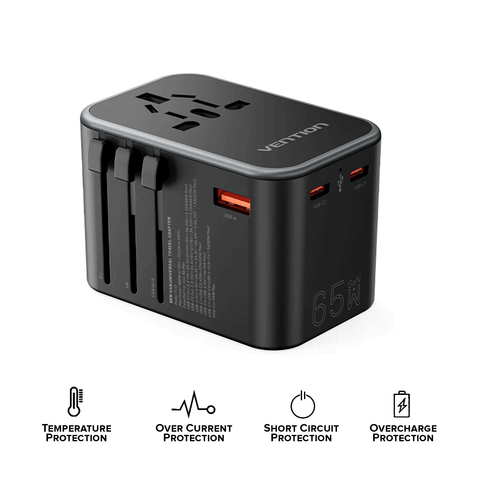 VENTION FJDB0 - 3-port USB (C+C+A) GaN Universal Travel Adapter (65W/65W/30w) (Black)