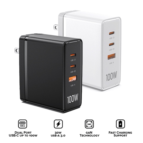 VENTION 3-port USB (C+C+A) GaN Charger (100W/100W/30W) US-Plug [FEGB0] [FEGW0]