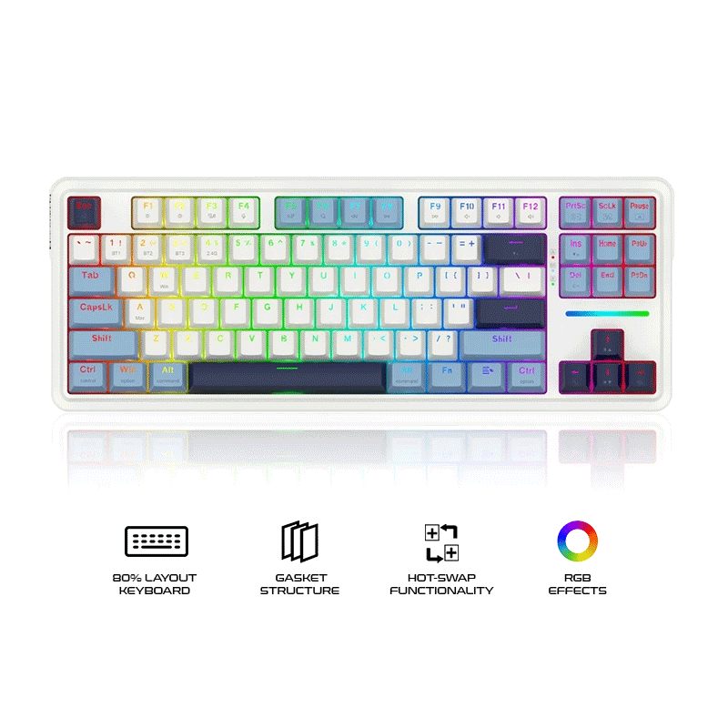 Redragon K728WBB RGB Antonium Pro 87 Keys 80% Gasket Mounted TKL Wireless Mechanical Keyboard (White & Blue)