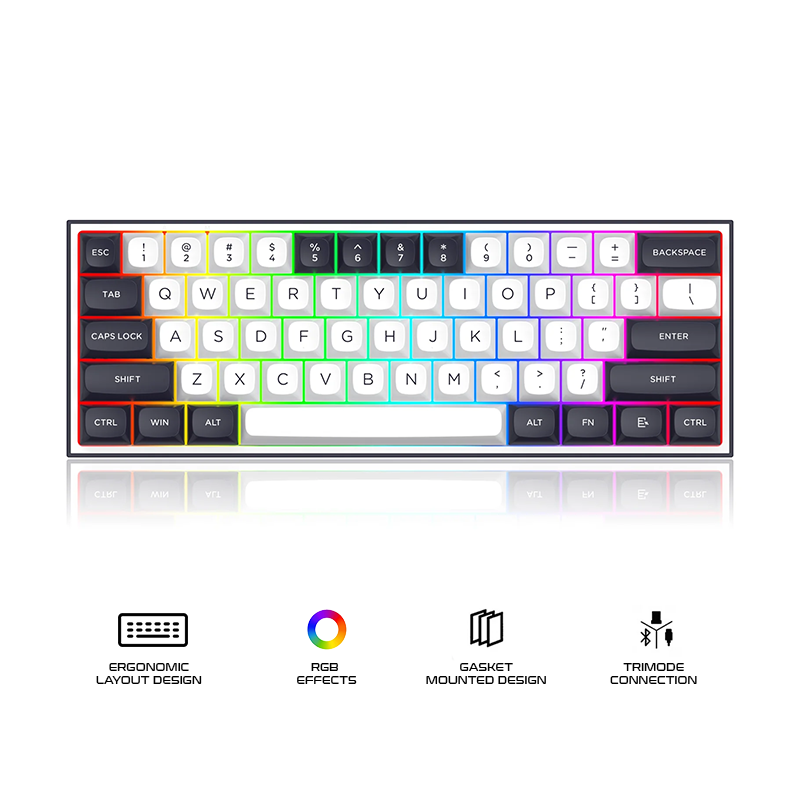 Redragon Alcor 60% Tri-Mode Wired Gaming Keyboard White-Black (RGD K717)