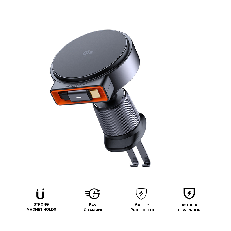 Mcdodo CH-0090 MagQ Qi2 15W Magnetic Wirless Car Charger w/ Built-In Retractable Cable (Black)