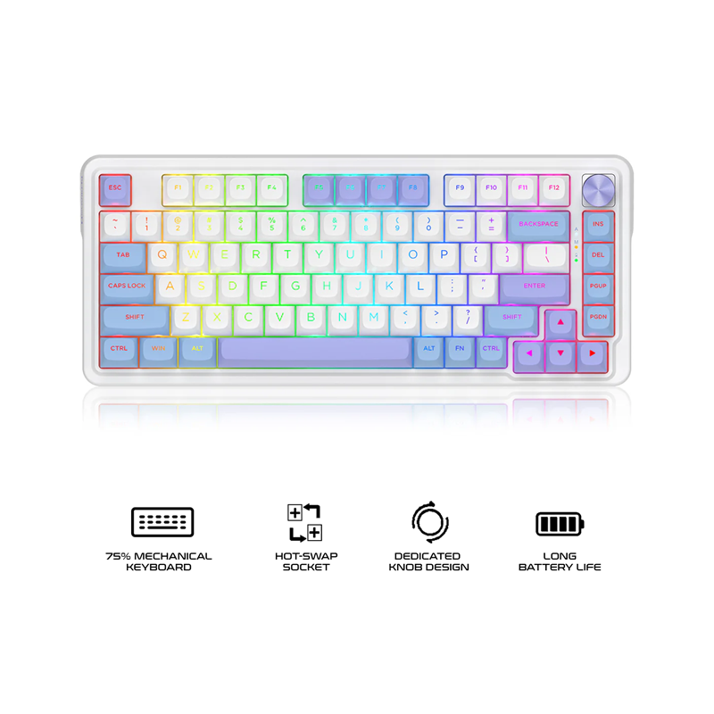 Redragon K673WBP RGB Ucal Max 81-Key 75% Gasket-Mounted Hot-Swappable Wireless Mechanical Keyboard with Knob (Moonrise Violet)