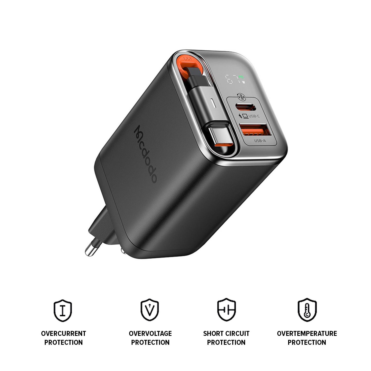 Mcdodo CH-4110 Gan Fast Charger w/ Retractable Cable 67W (Black)