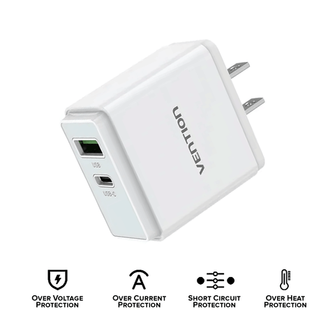 VENTION QC67-US-W Two-Part USB (A+C) Wall Charger (18W/20W) US-Plug (White)