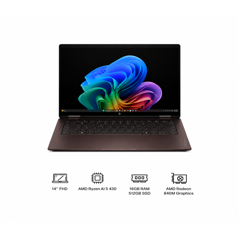 HP OmniBook X Flip 14" 2K OLED Touch 2-in-1 Copilot+ PC AMD Ryzen AI 5 430 16GB LPDDR5X RAM / 512GB SSD AMD Radeon 840M Graphics Win 11 Home Deep Espresso 14-KC0013DX