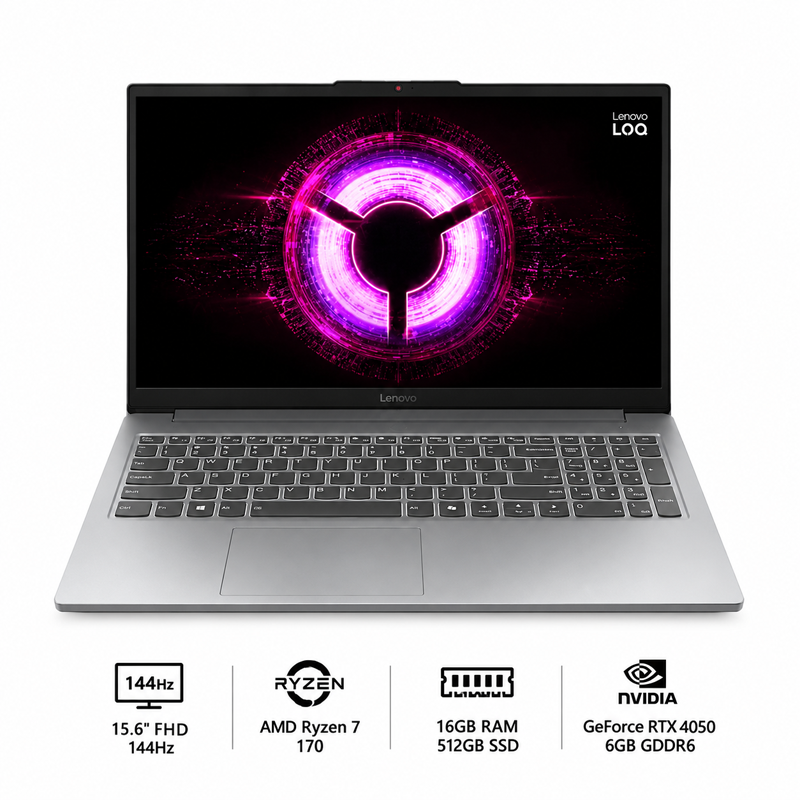 Lenovo LOQ 15.6" FHD 144Hz Gaming Laptop AMD Ryzen 7 170 16GB DDR5 RAM / 512GB SSD NVIDIA GeForce RTX 4050 6GB GDDR6 Win 11 Luna Grey 83S0007FUS