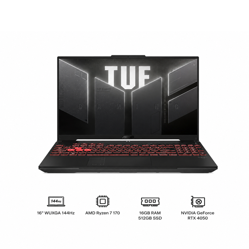 ASUS TUF Gaming A16 Gaming Laptop 16” WUXGA 144Hz AMD Ryzen 7 170 16GB DDR5 RAM / 512GB PCIe SSD NVIDIA GeForce RTX 4050 Win 11 Gray FA607NUQ-WS73