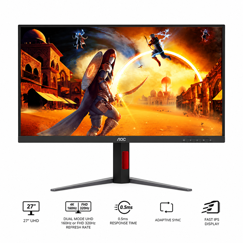 AOC U27G4/71 27" UHD (3840x2160) Dual Mode (FHD @ 320Hz or UHD @ 160Hz) 0.5ms MPRT Adaptive-Sync Fast IPS Gaming Monitor with Tilt, Pivot, Swivel & Height Adjustment (Black/Red)