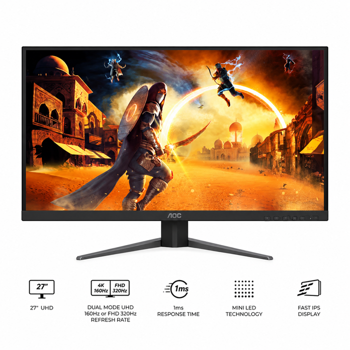 AOC U27G4XM 27" UHD (3840x2160) Dual Mode (4K @ 160Hz or FHD @ 320Hz) 1ms Fast IPS MiniLED Dual Gaming Monitor with Tilt, Height, Pivot & Swivel Adjustment (Black/Red)