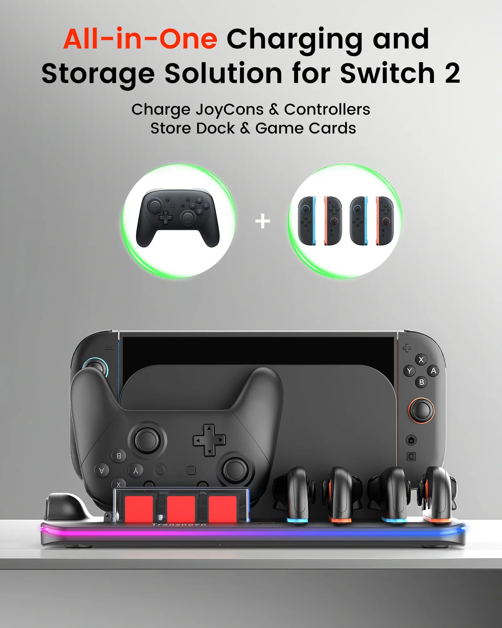 Transnovo Multi-Function RGB Light Charging Dock Station for Nintendo Switch 2 4 Joy-Con Controllers with Cooling Fan and 9 Game Card Slots NS2-CG04