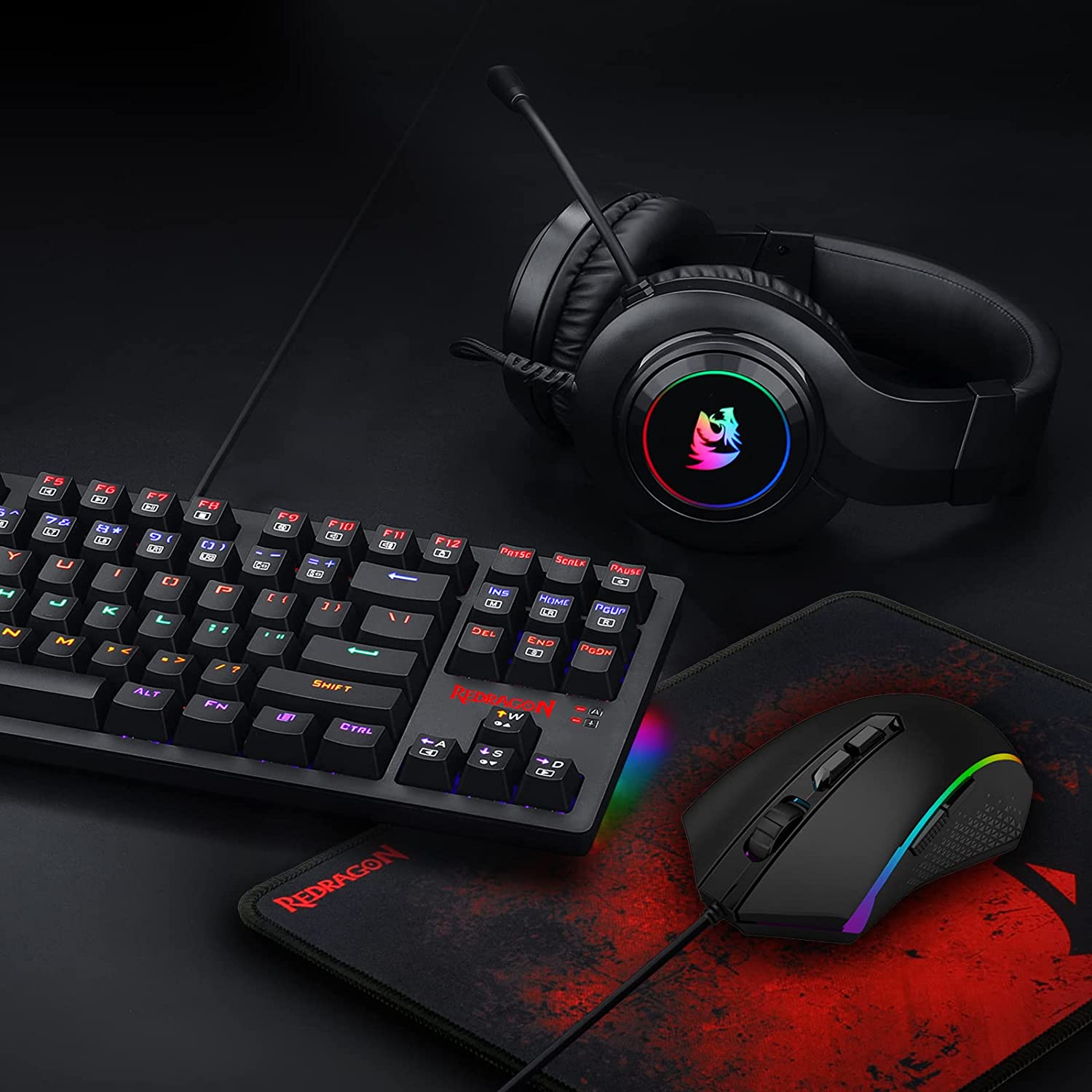 Redragon S113P-KN Keyboard/Mouse/Mousepad/Headset 4-In-1 Set Gaming Es ...