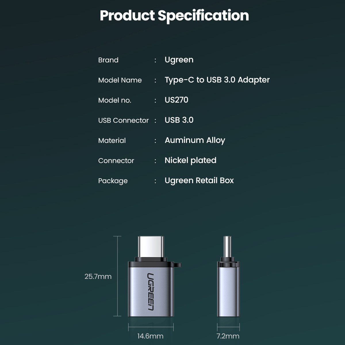 UGREEN USB-C 3.1 Male To USB A 3.0 Female OTG Adapter (Space Gray) [US270/50283]