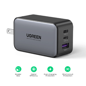UGREEN 3-Port (USB-A + 2 USB-C) 65W Gan Tech Fast Charger (Black) [CD244/10334]