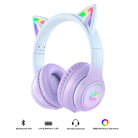 Onikuma B90 RGB Cat Ear Bluetooth 5.0 Headphone HiFi Stereo Sound Noise Cancellation Foldable Wireless Gaming Headset [Blue Purple]