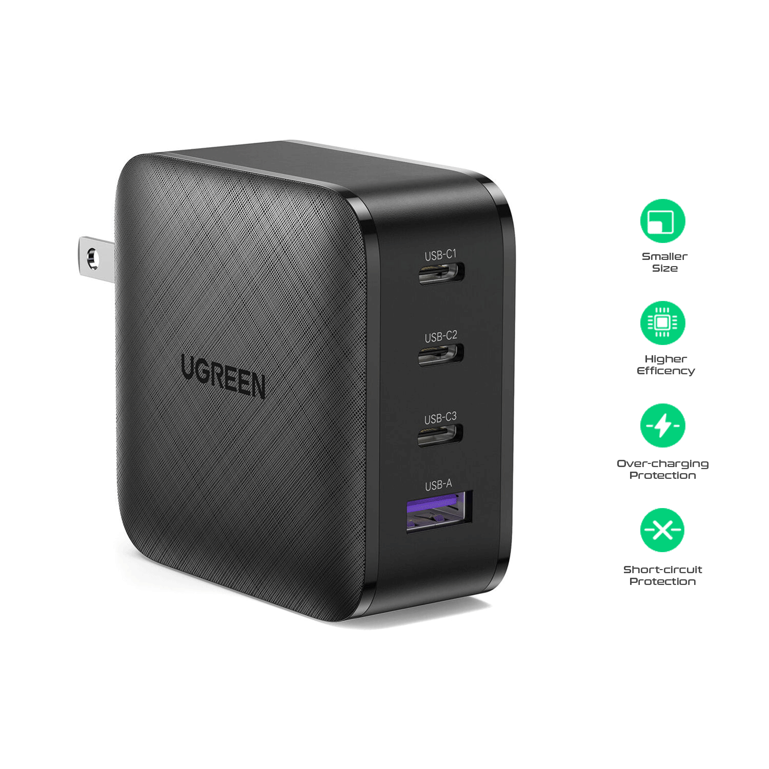 UGREEN 4-Port (USB-A + 3 USB-C) 65W Gan Tech Fast Charger (Black) [CD224/70773]