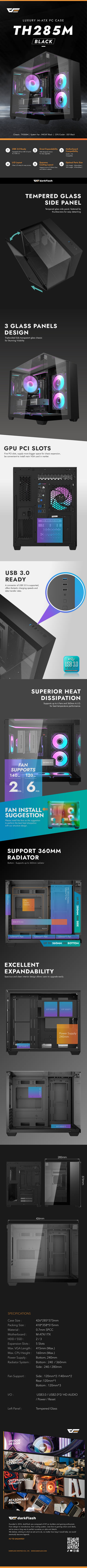 DarkFlash TH285M Luxury M-ATX Triple-sided Tempered Glass PC Case (Black)