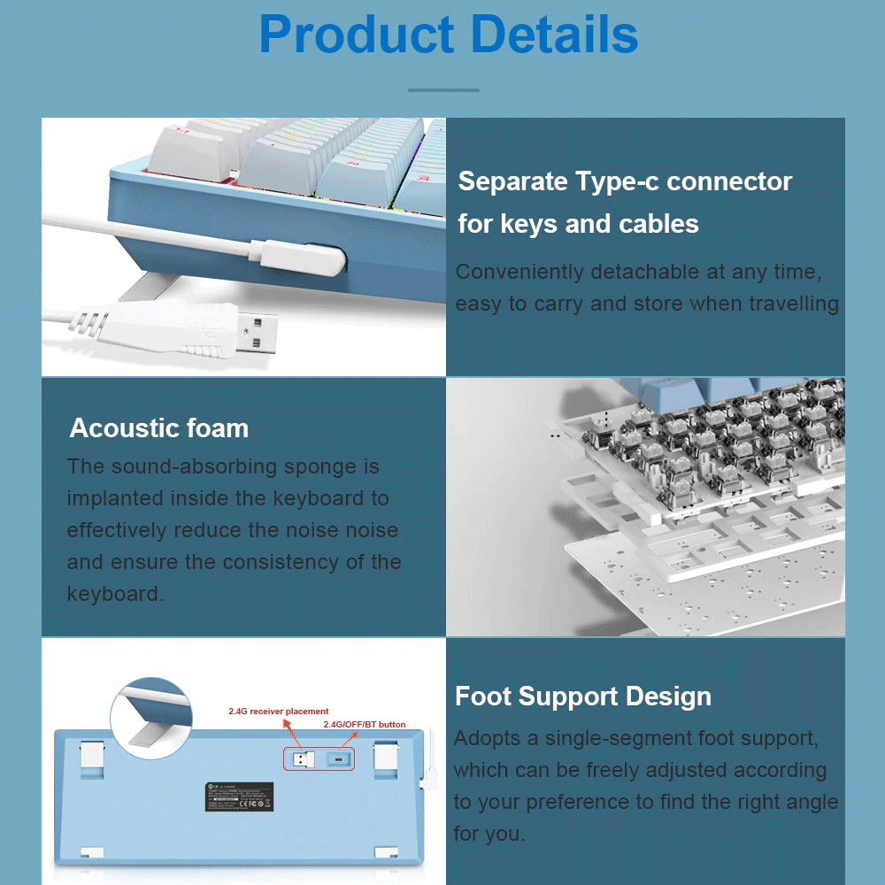 E-Yooso Z-94 Tri-Mode RGB 94 Keys Hot Swappable Mechanical Keyboard Gradiant Blue Linear White Switch