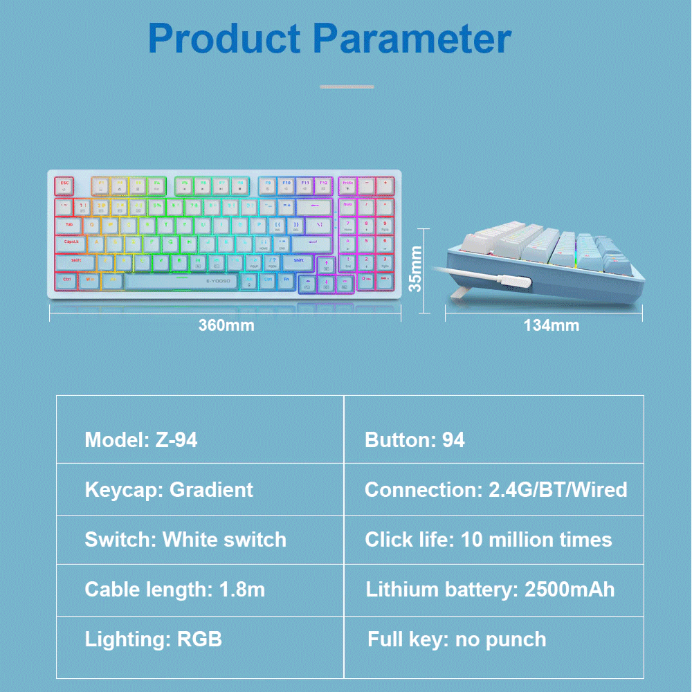 E-Yooso Z-94 Tri-Mode RGB 94 Keys Hot Swappable Mechanical Keyboard Gradiant Blue Linear White Switch