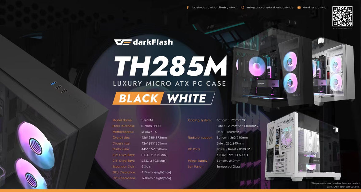 DarkFlash TH285M Luxury M-ATX Triple-sided Tempered Glass PC Case (Black)