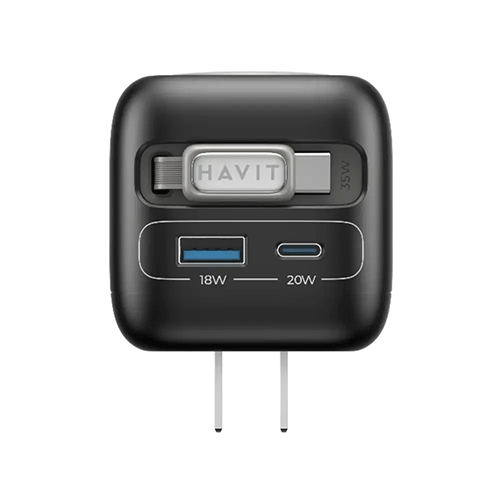 HAVIT GaN Wall Charger with retractable USB Cable & Watch Charger Black Gray UC250 A-US