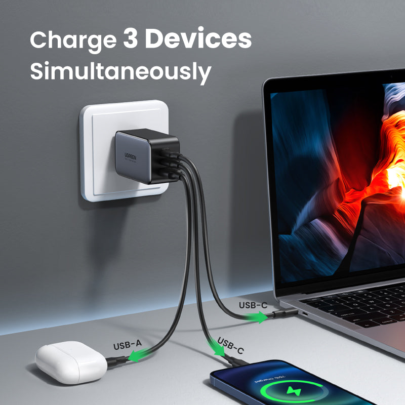 UGREEN 3-Port (USB-A + 2 USB-C) 65W Gan Tech Fast Charger (Black) [CD244/10334]