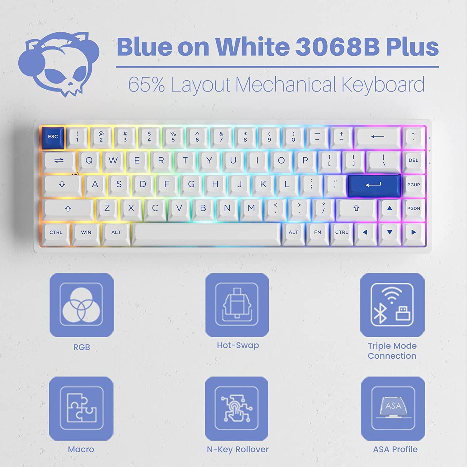 Akko Blue on White 3068B Plus Multi-Modes RGB Mechanical Keyboard ...
