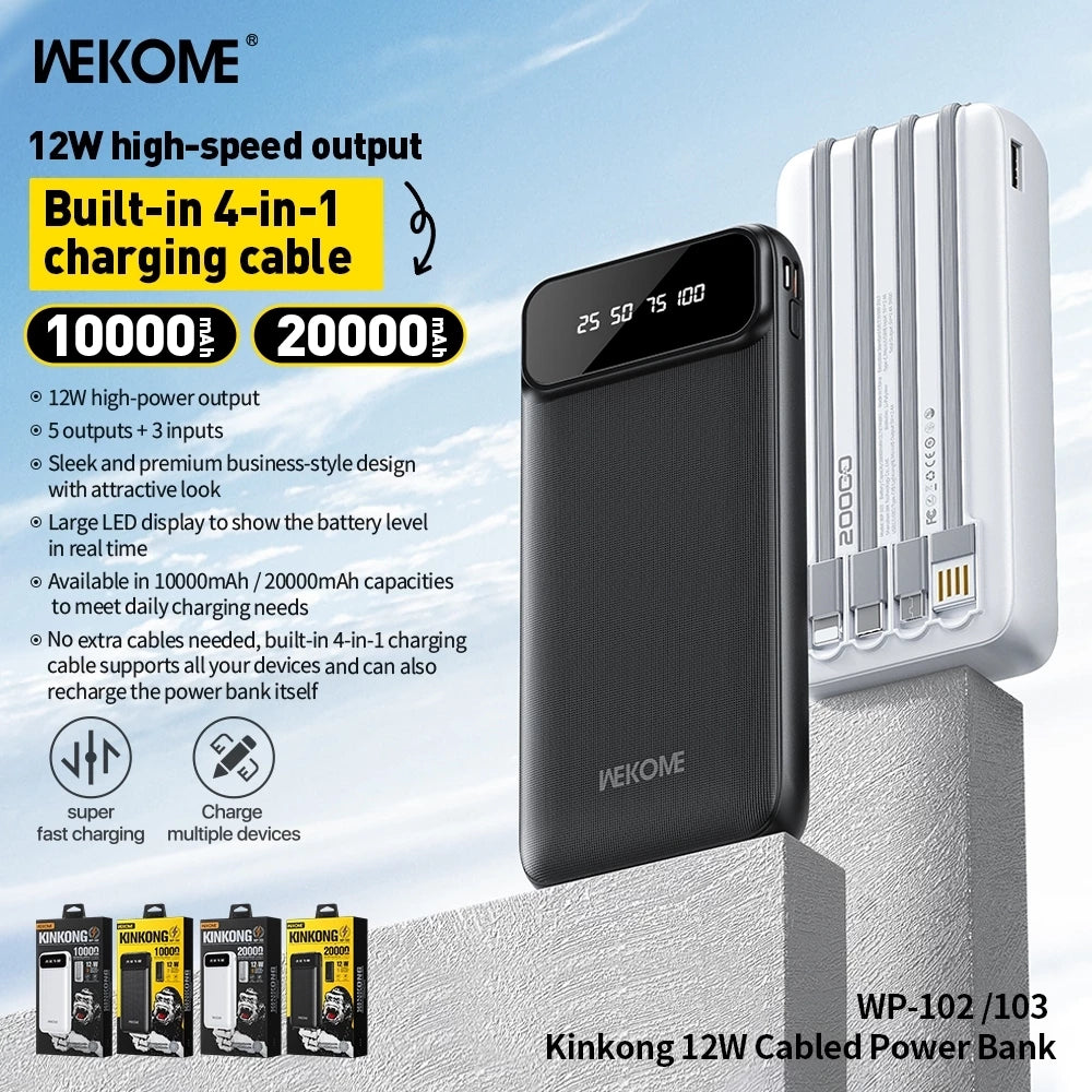 Wekome WP-102 Cabled Power Bank 10000mAh 12W Fast Charging Mini Portable Charger with Digital Display