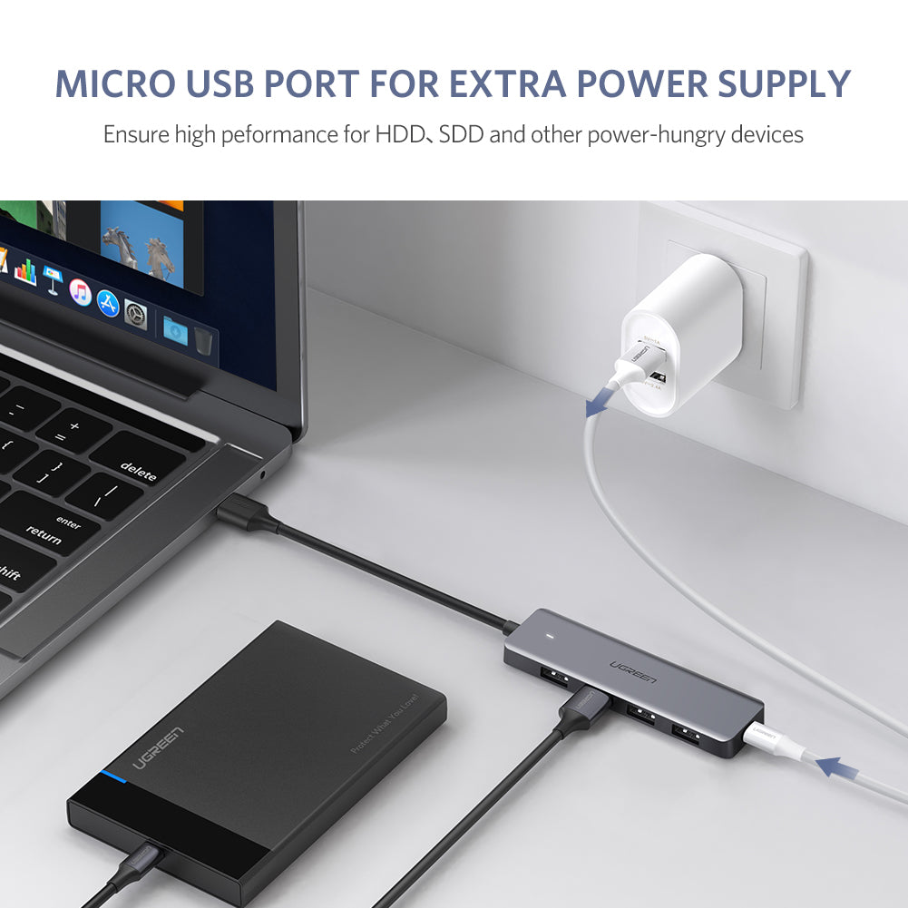 UGREEN 4-Port USB 3.0 Hub + Powered by Micro USB Metal Plated Shell Ultra Slim [CM219/50985]