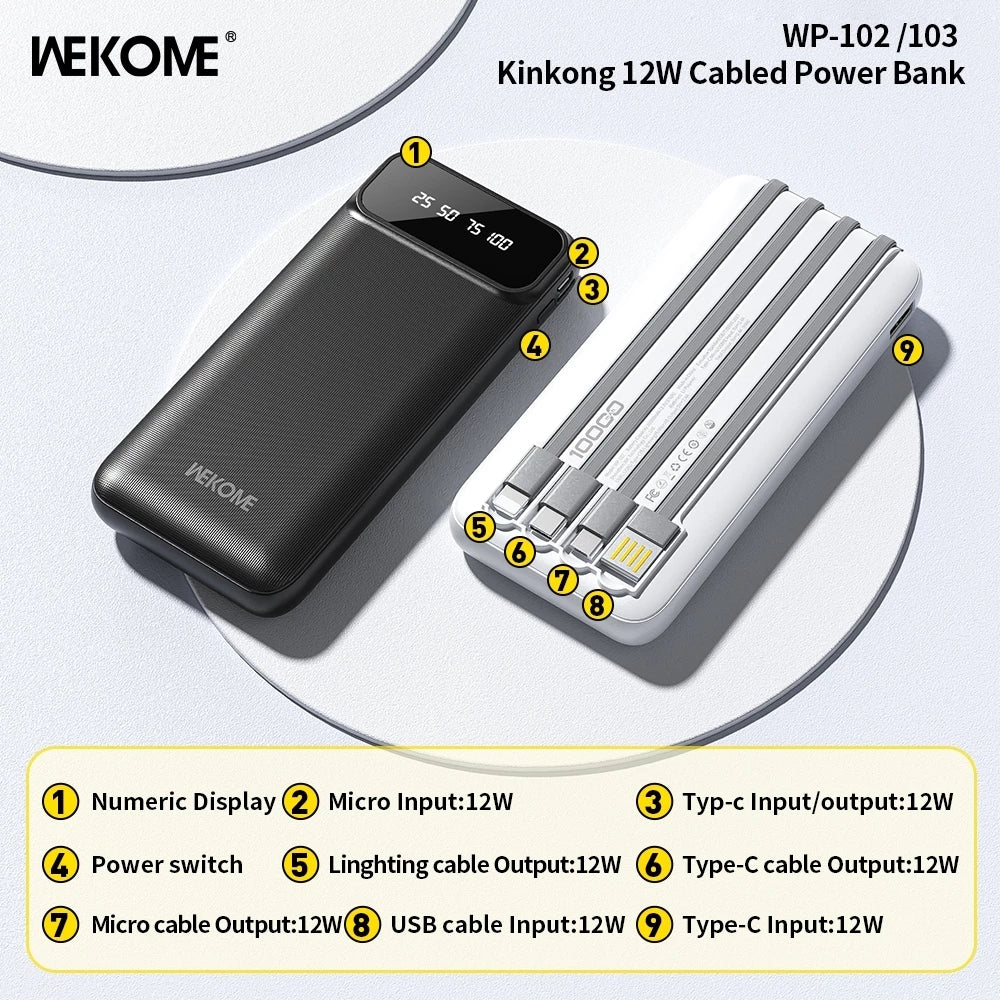 Wekome WP-102 Cabled Power Bank 10000mAh 12W Fast Charging Mini Portable Charger with Digital Display