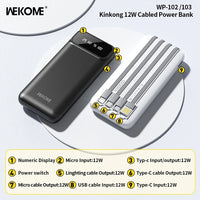 Wekome WP-102 Cabled Power Bank 10000mAh 12W Fast Charging Mini Portable Charger with Digital Display