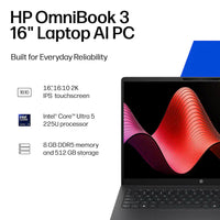 HP OmniBook 3 AI PC 16" WUXGA Touchscreen Intel Core Ultra 5 - 225U 8GB DDR5 RAM / 512GB SSD Intel Graphics Win 11 Mica Silver 16-BU0305DX