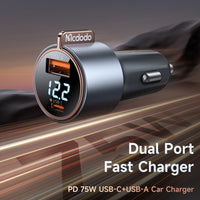 Mcdodo CC-3690 75W Car Charger USB-A & USB-C w/ Digital Display (Black)