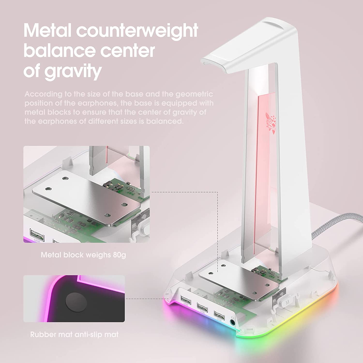 ONIKUMA ST2 RGB Gaming Headphone Stand Computer Headset Desktop Display Holder Luminous Logo with 3 USB and 3.5mm AUX Ports [White]